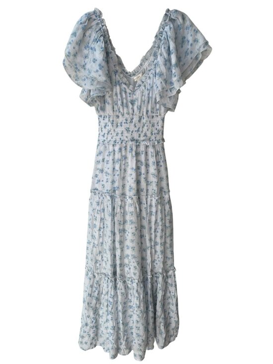Zara Dresses & Skirts - Altar'd State Floral Smocked Maxi Dress Ruffle Sleeves Lining Blue White Sz XXS